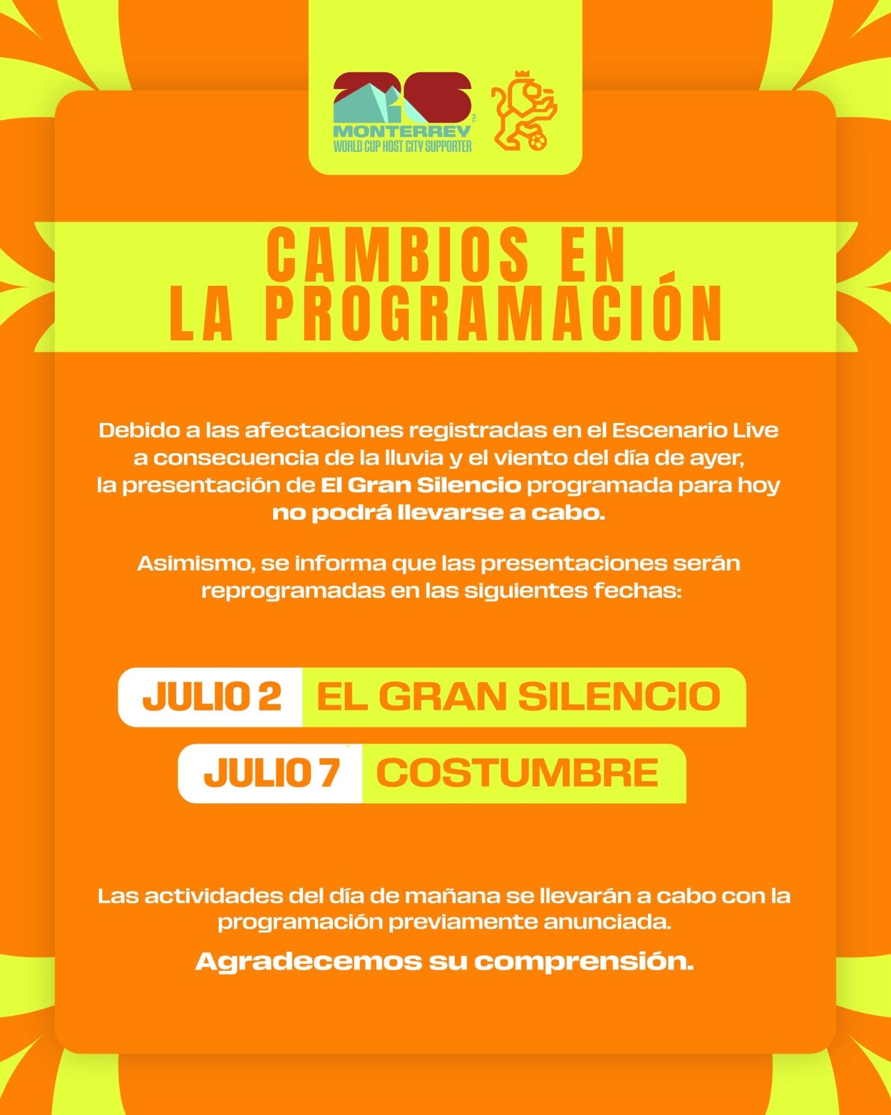 Lluvias obligan a reprogramar conciertos en el FIFA Fan Festival Monterrey; se mantiene transmisión de partidos