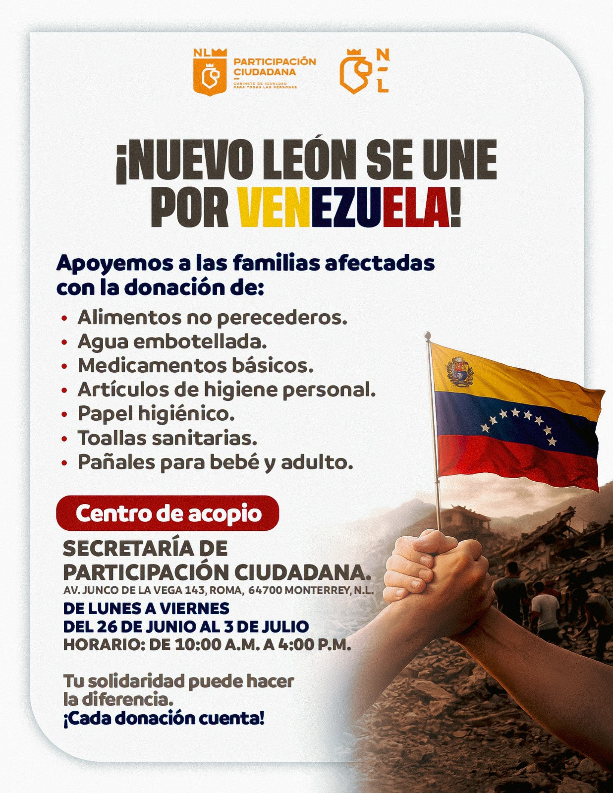 Habilitan en Monterrey un centro de acopio en apoyo a Venezuela