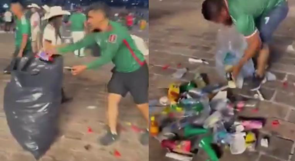 Aficionados recogieron basura al término del México-Inglaterra en la Macroplaza de Monterrey