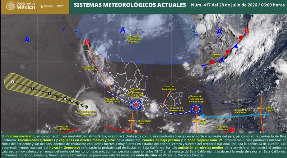Huracán ‘Genevieve’ ahora categoría 3 en el océano Pacífico provocará lluvias en estos estados
