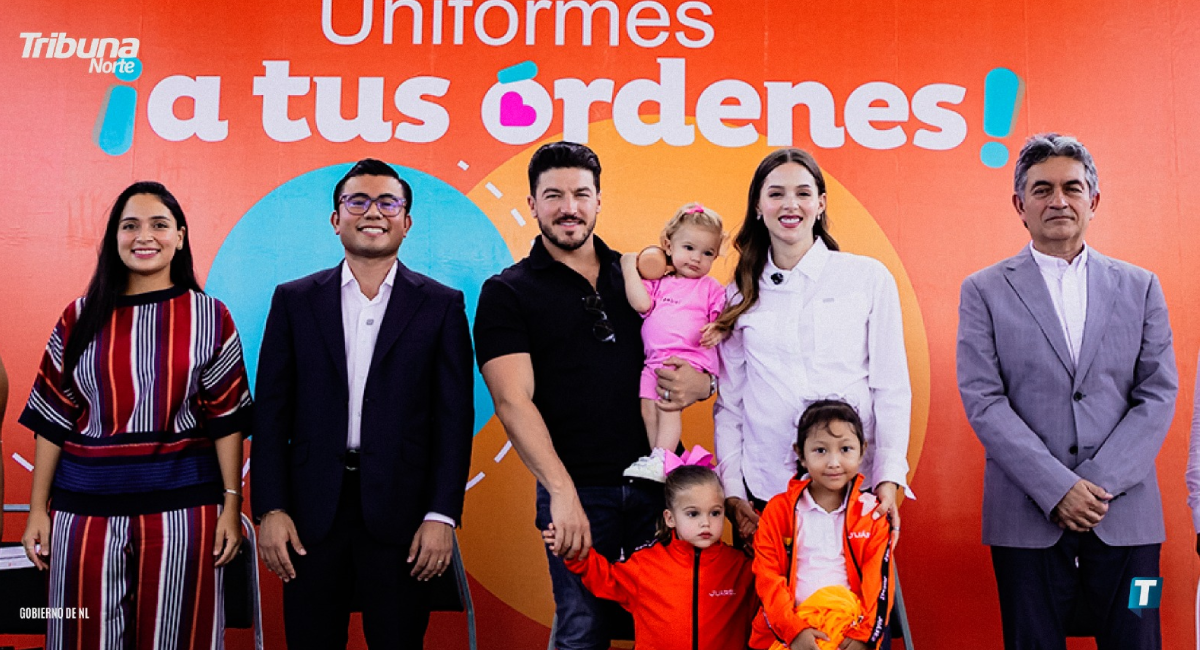 Mónica Oyervides Acosta, alcaldesa de Juárez, su esposo y titular de Igualdad e Inclusión, Félix Arratia; el gobernador Samuel García, Mariana Rodríguez, sus hijas, una niña beneficiaria y Juan Paura, titular de Educación de NL.