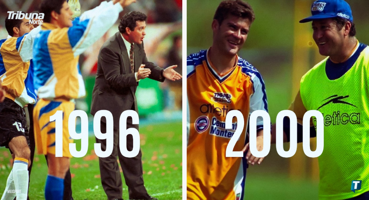 Vucetich en sus dos etapas previas con Tigres: a la izquierda, en la final de la Copa México de 1996 ante Atlas en el Estadio Jalisco; a la derecha, en una práctica junto a Ramón Ramírez durante el Verano 2000.