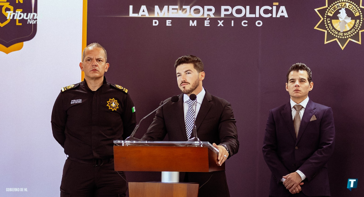 Gerardo Escamilla (comandante de Fuerza Civil), Samuel García (gobernador) y Miguel Ángel Flores Serna (secretario general del gobierno de NL)