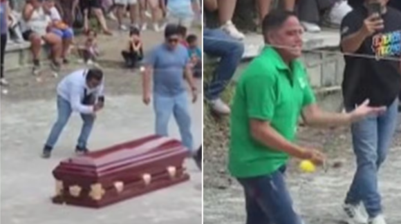 Político del Partido Verde sorprende al salir de un ataúd durante una competencia de farmear aura en San Luis Potosí