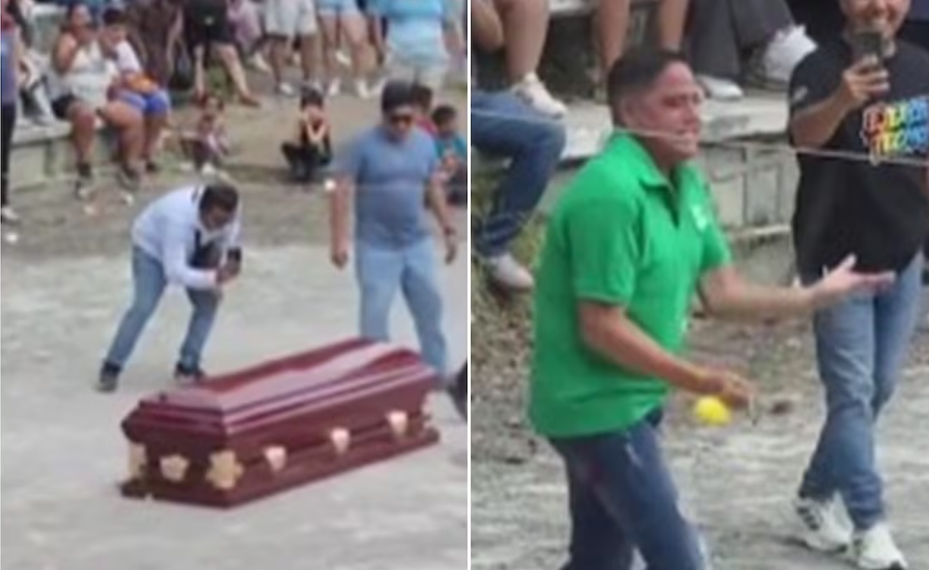 Político del Partido Verde sorprende al salir de un ataúd durante una competencia de farmear aura en San Luis Potosí