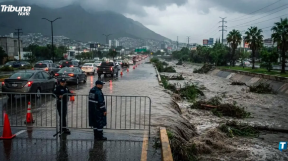 Tormenta nocturna deja vehículos varados y afectaciones viales en Monterrey