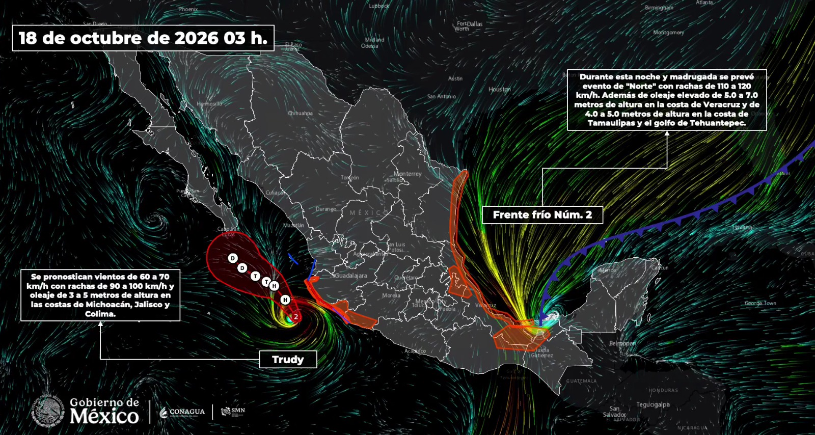 Huracán ‘Trudy’ y Frente Frío 2 pegarán este domingo con lluvias, oleaje y vientos de hasta 120 km/h en varios estados